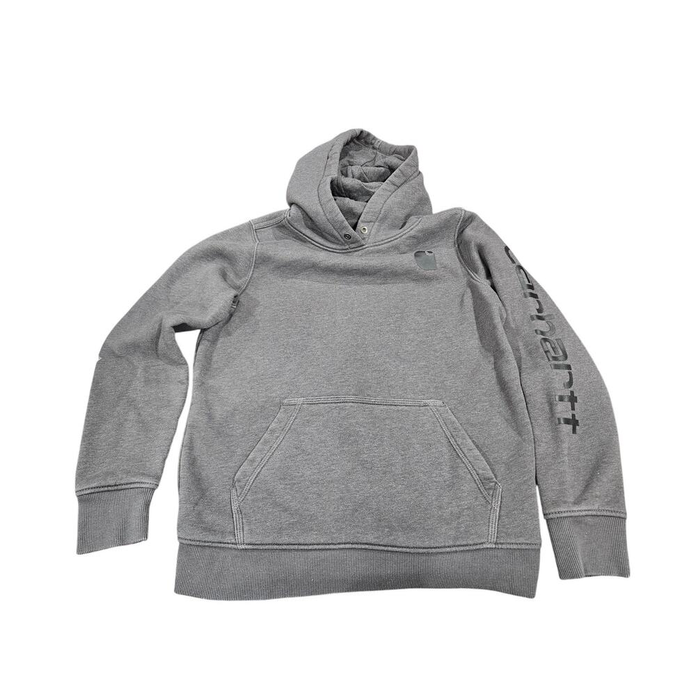 Carhartt Gray Relaxed Fit Hoodie Logo Sleeve Youth Small 4-6 Spellout on sleeve